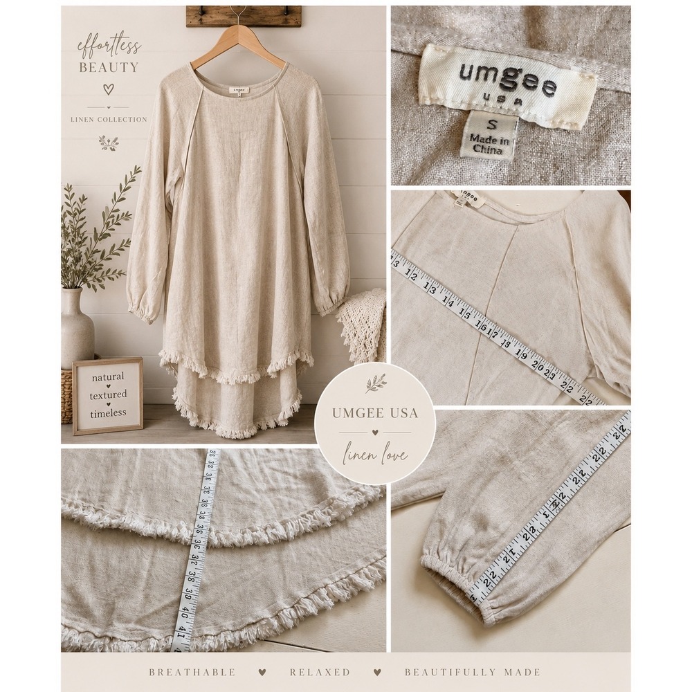 Umgee USA Linen Blend High-Low Frayed Fringe Tunic Dress Oatmeal Small C2166